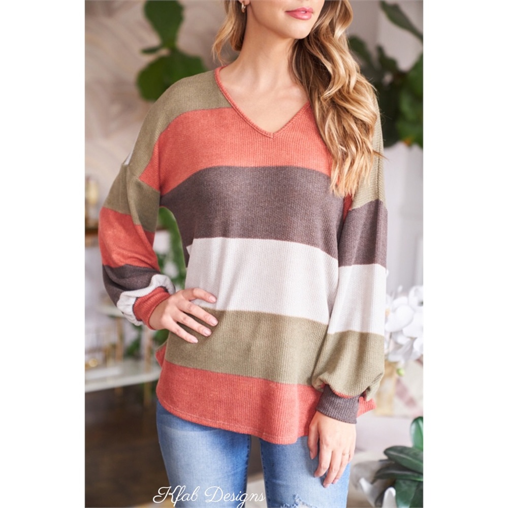 LAST ONE! V Neck Multicolor Rust Striped Puff Sleeve Top! - Picture 4 of 4